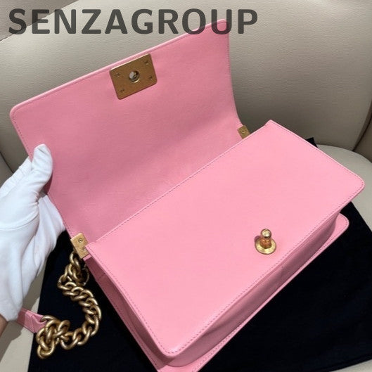 Chanel Le Boy Medium Pink Gold Chain Shoulder Bag Calfskin Quilted