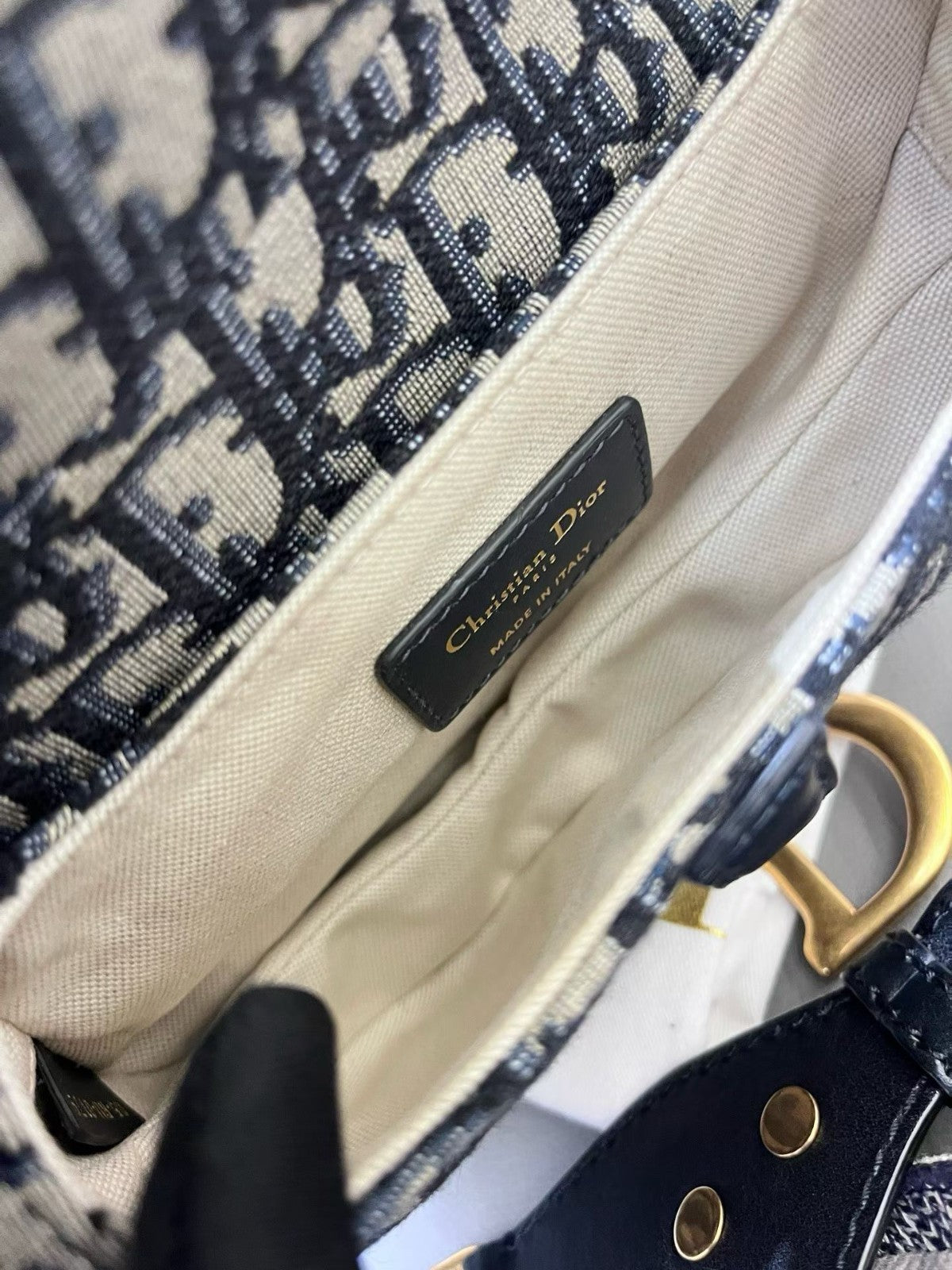 Christian Dior Oblique Saddle PM Shoulder Bag Crossbody Black Gold Women Classic