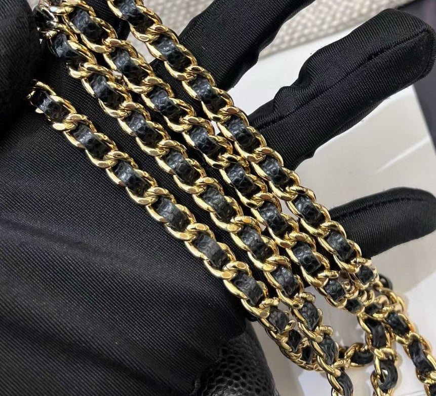 Chanel WOC Chain Shoulder Bag Crossbody Black Gold Diamond Women Classic