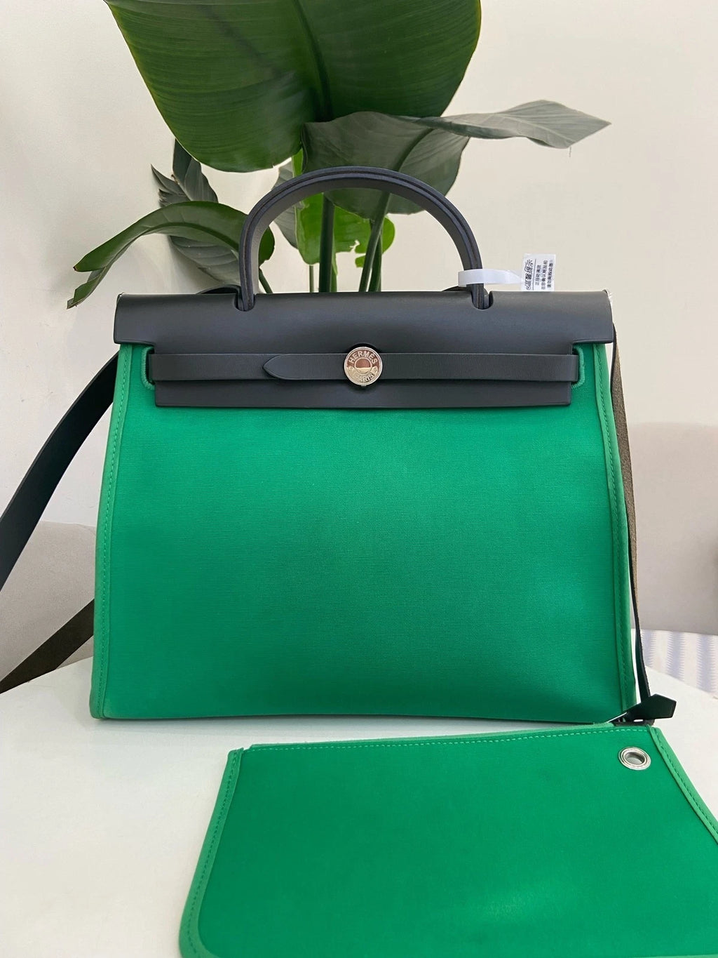 Hermes Herbag31 Green Canvas Leather Shoulder Bag For Women