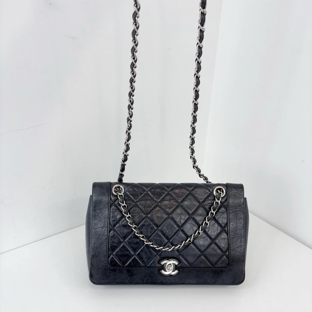 Chanel Water Shine Calfskin Black Silver Crossbody Bag Women Classic