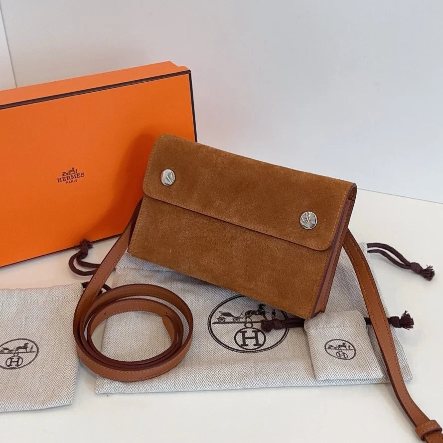Hermes Snap Wallet Suede Crossbody Brown Silver Used Women Classic