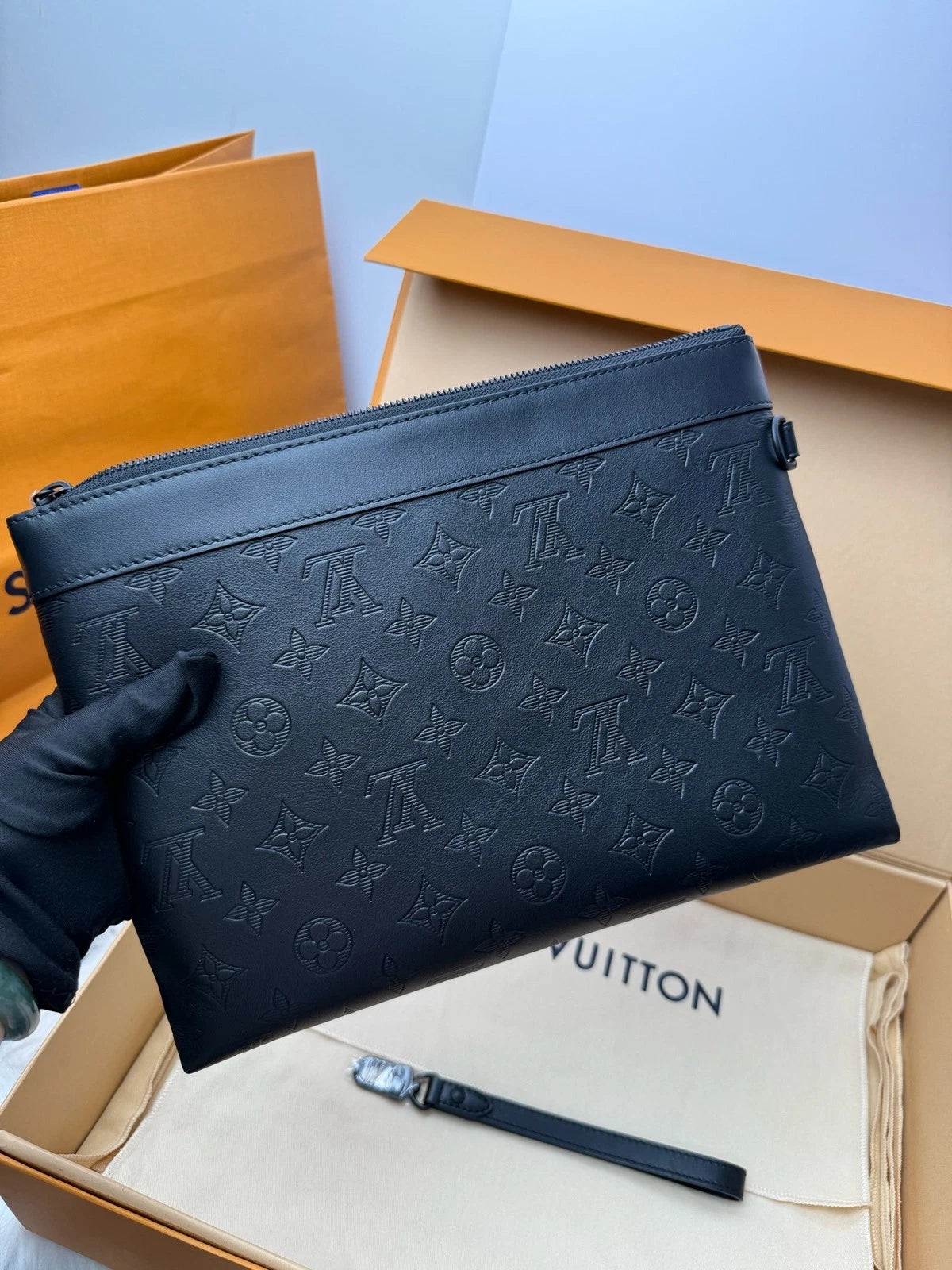Louis Vuitton Black Monogram Embossed Leather Clutch Women