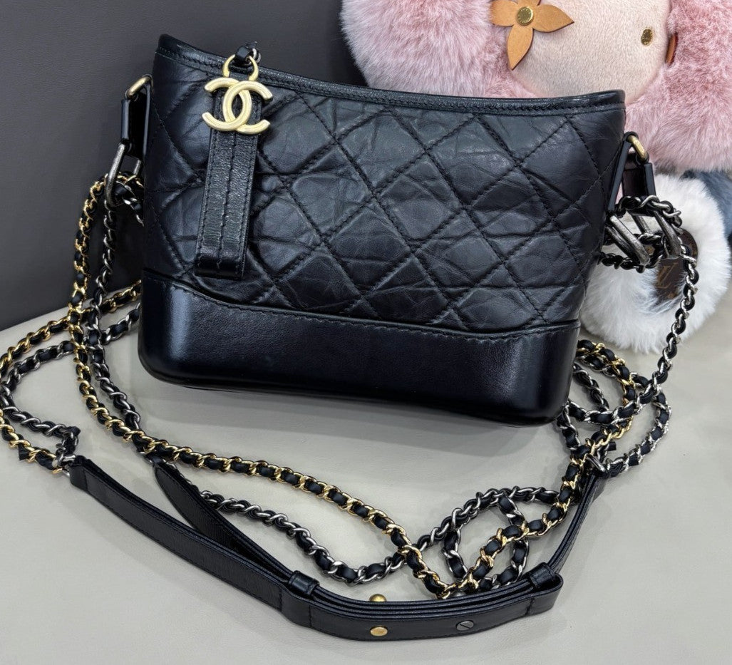 Chanel Gabrielle PM Chain Shoulder Bag Crossbody Black Gold Diamond Women