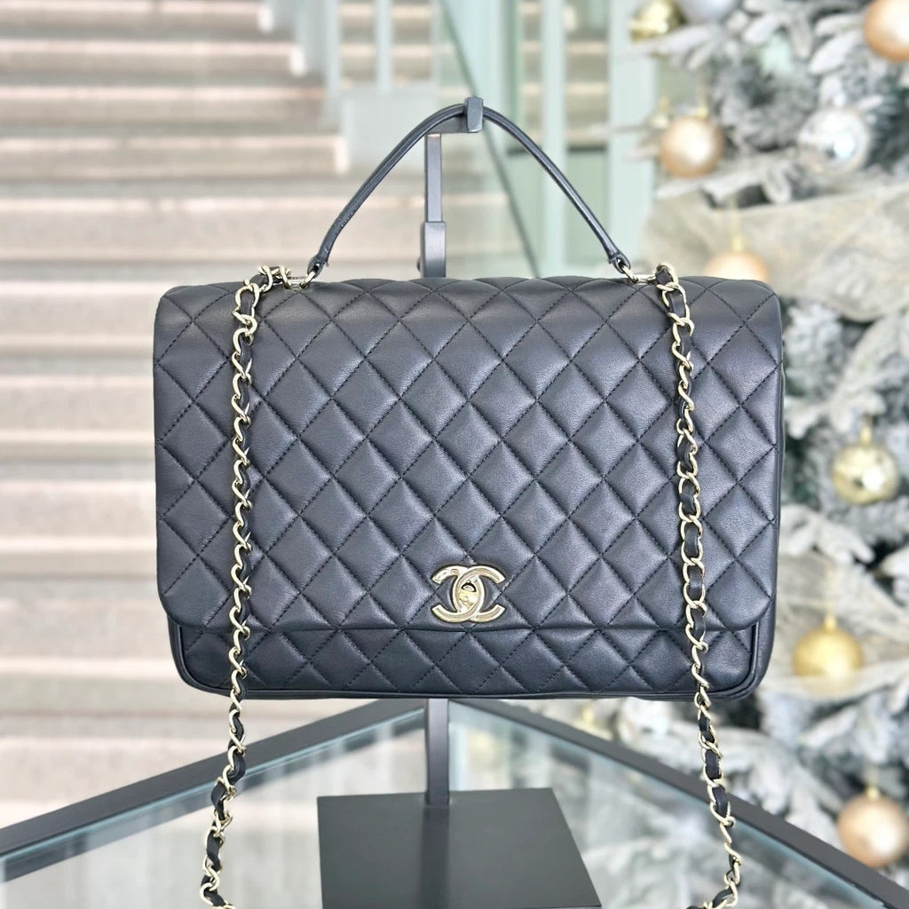 Chanel Lambskin GM Chain Shoulder Bag Top Handle Bag Black Gold Women Diamond S