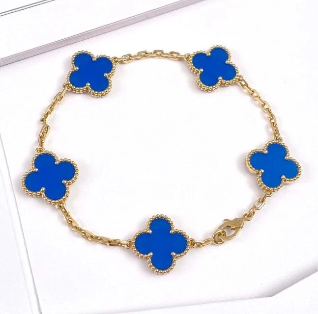 Van Cleef &amp; Arpels Vintage Alhambra 5 Motifs Bracelet 18K Yellow Gold Blue Agate