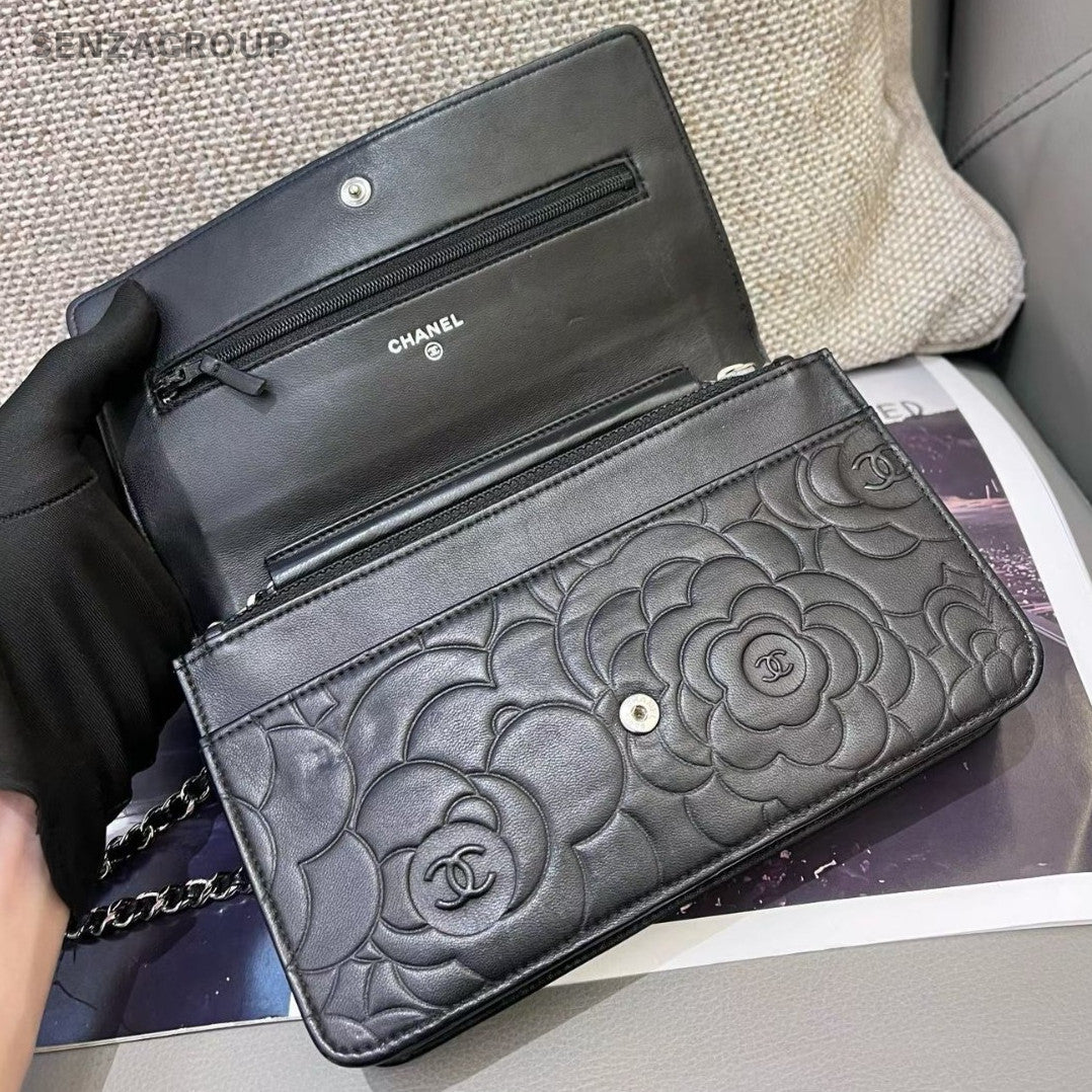 Chanel Calfskin Chain Shoulder Bag Camellia Black Silver Women Classic Fashion