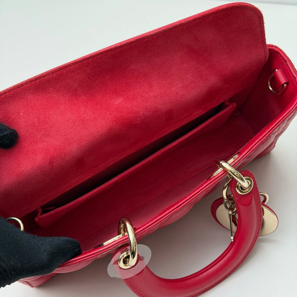 Christian Dior Lady Dior Cannage Top Handle Crossbody Red Gold Women Classic