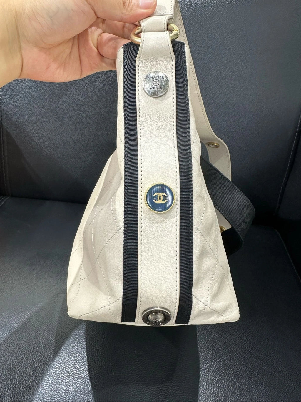 Authentic CHANEL Canvas Emblem Hobo Shoulder Bag Beige For Women