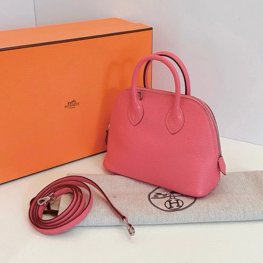 Hermes Bolide Mini Lambskin Top Handle Crossbody Pink Silver Women Classic