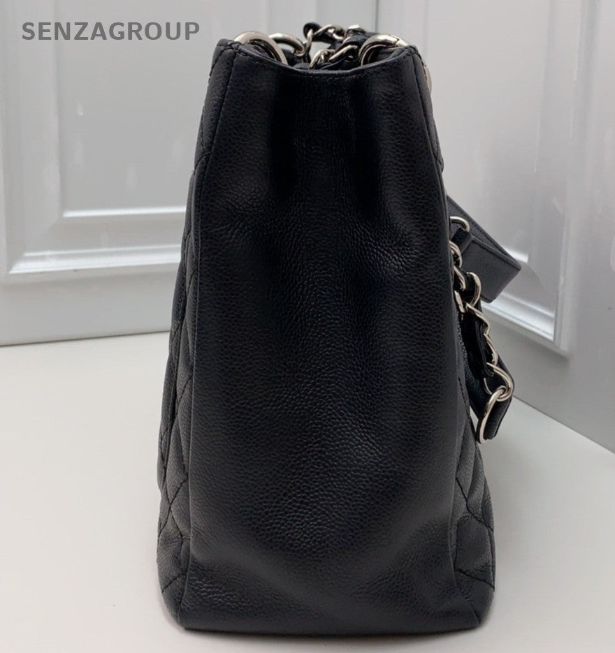 Chanel GST Chain Calfskin Shoulder Bag Black Silver Women Classic Diamond
