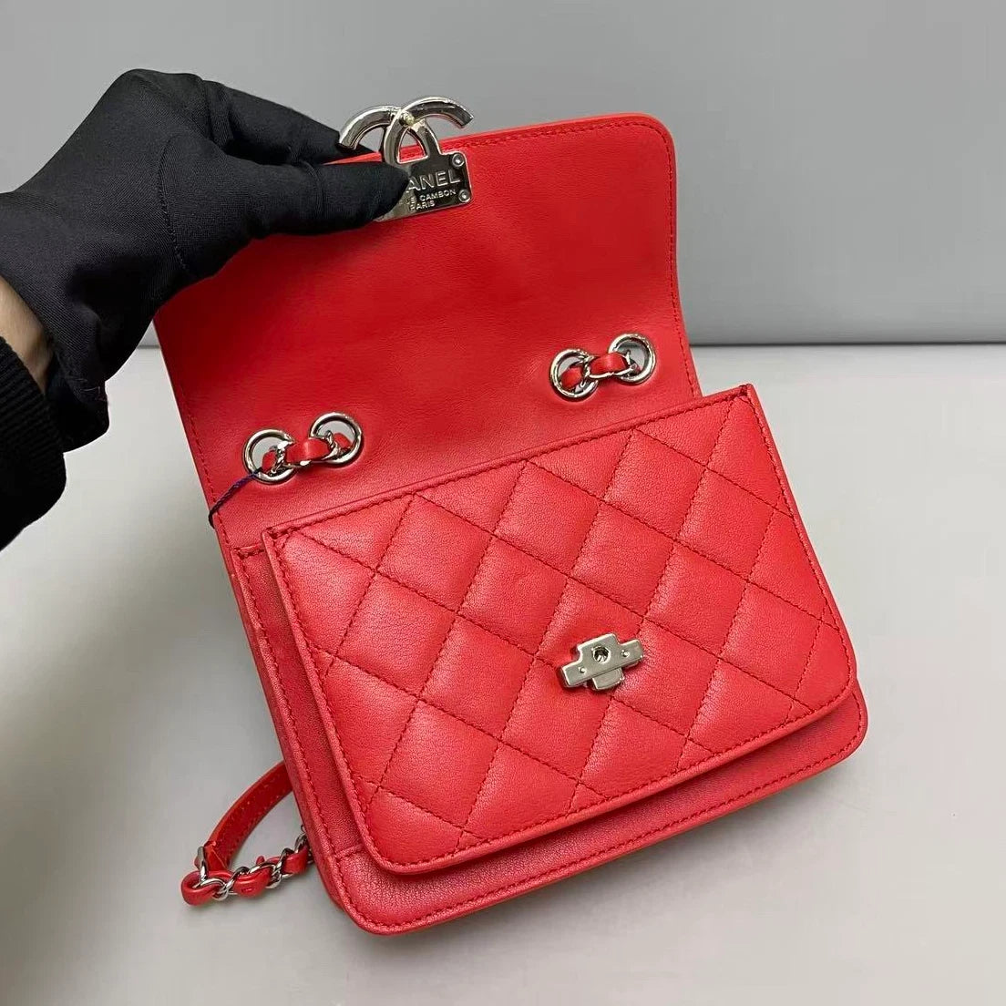 Chanel Cuba Calfskin Chain Shoulder Bag Crossbody Red Silver Women Classic
