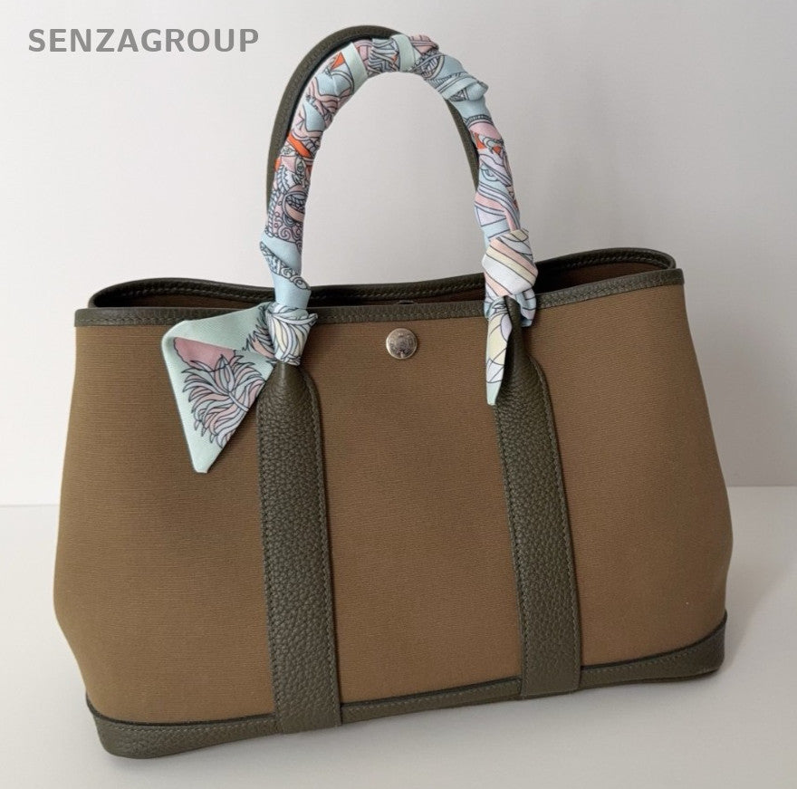 Hermes GardenParty 30 Tote Canvas Top Handle Shoulder Handbag Olive green Women