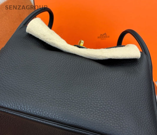 Hermes Lindy 26 TC Leather Top Handle Bag Black Gold Used Women Classic Designer