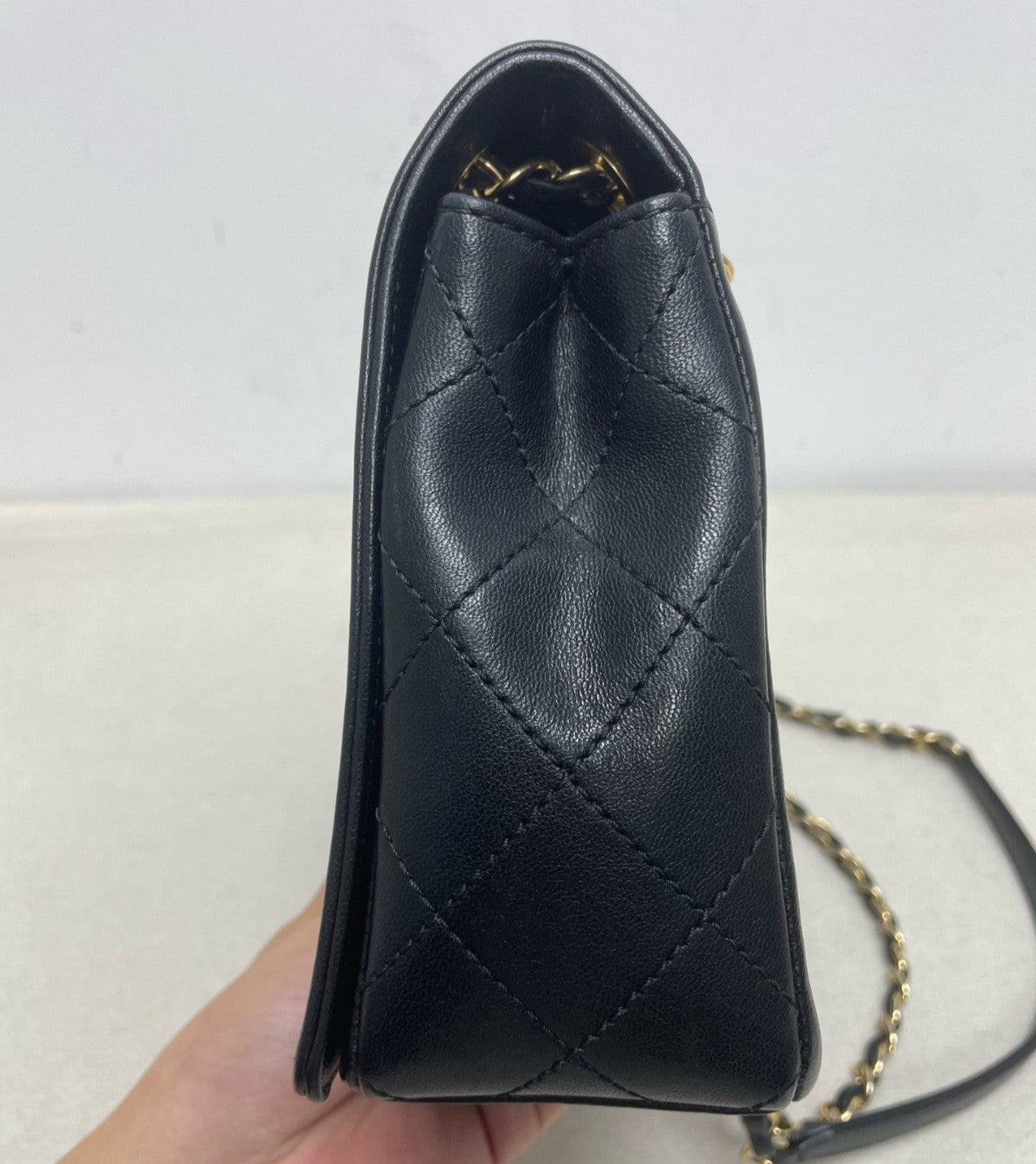 Chanel Classic Flap GM Chain Shoulder Bag Crossbody Black Gold Women Diamond