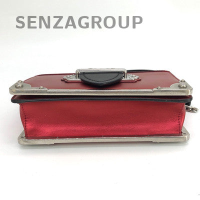 Prada Cahier Red Silver Buckle Leather Chain Crossbody Bag Classic Women