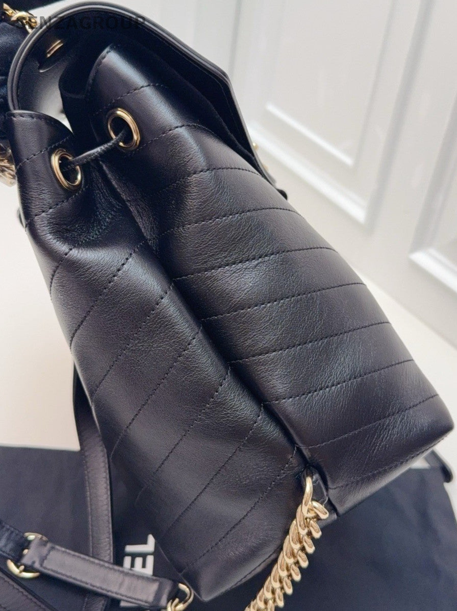 Chanel Calfskin Chain Backpack Black Red Gold Women Classic Vintage