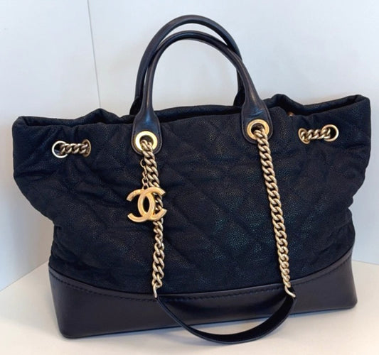CHANEL Classis tote Calfskin Shoulder Handbag Chain Strap Black Gold WOMEN
