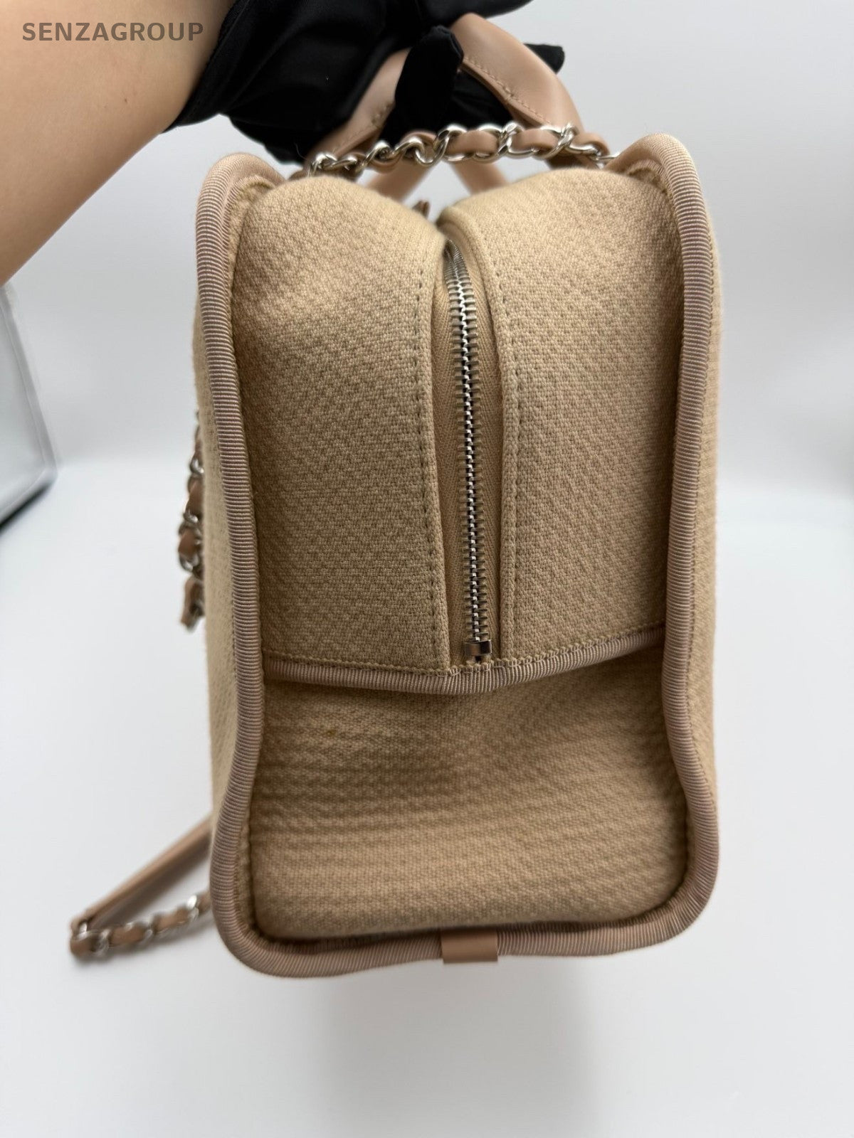 Chanel Canvas Beach Bag Top Handle Bag Chain Shoulder Bag Beige Silver Women