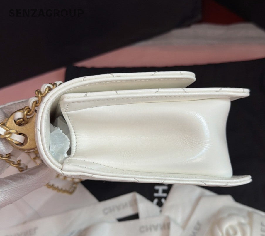 Chanel Diamond Calfskin Chain Shoulder Bag White Gold Women Classic Fashion