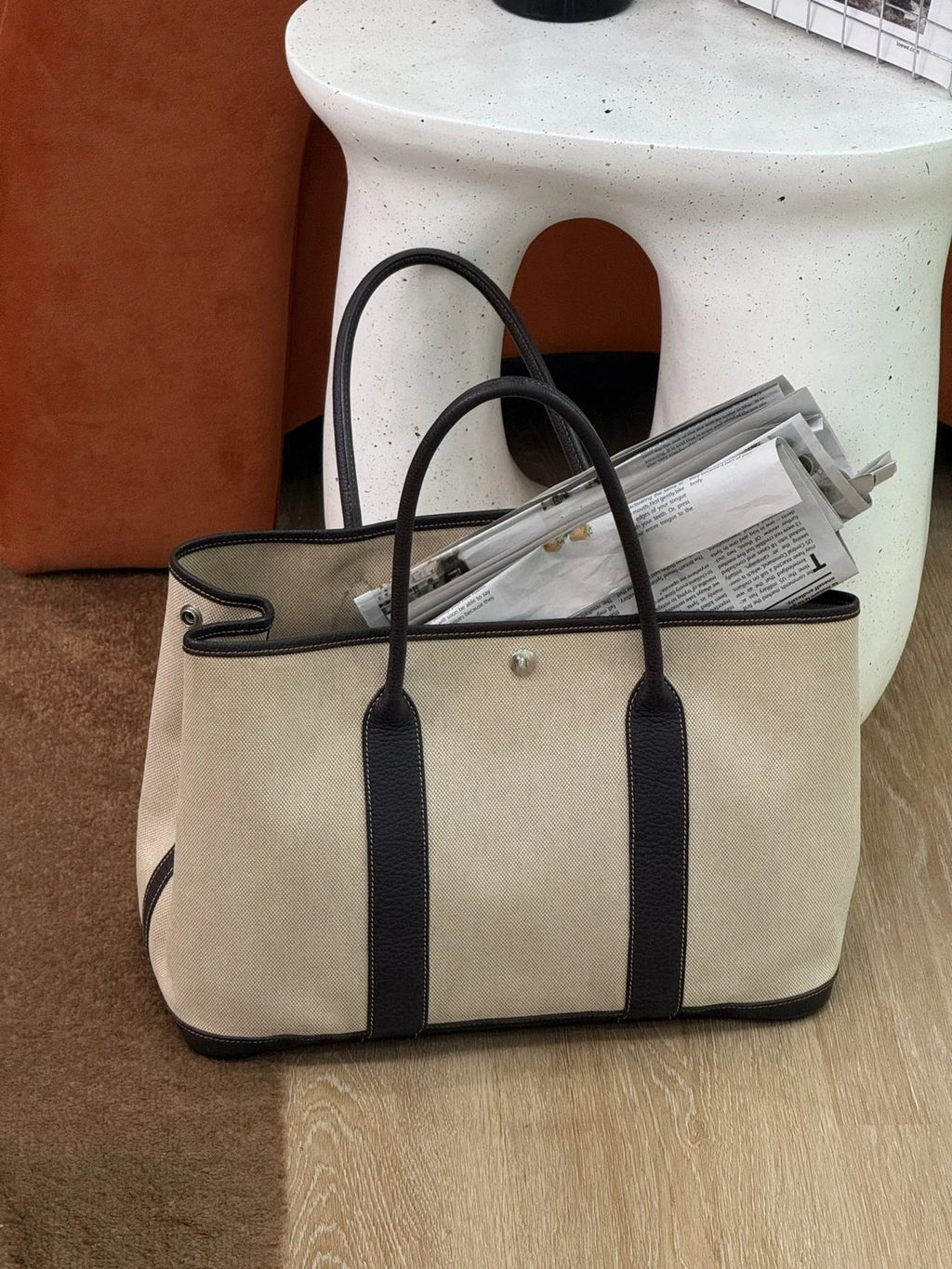 Hermes Garden Party 36 Tote Canvas Top Handle Shoulder Bag Beige Women Classic