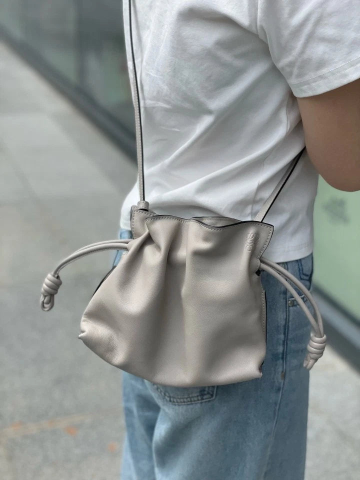 Loewe Mini Flamenco Drawstring Bucket Bag Light Gray Women