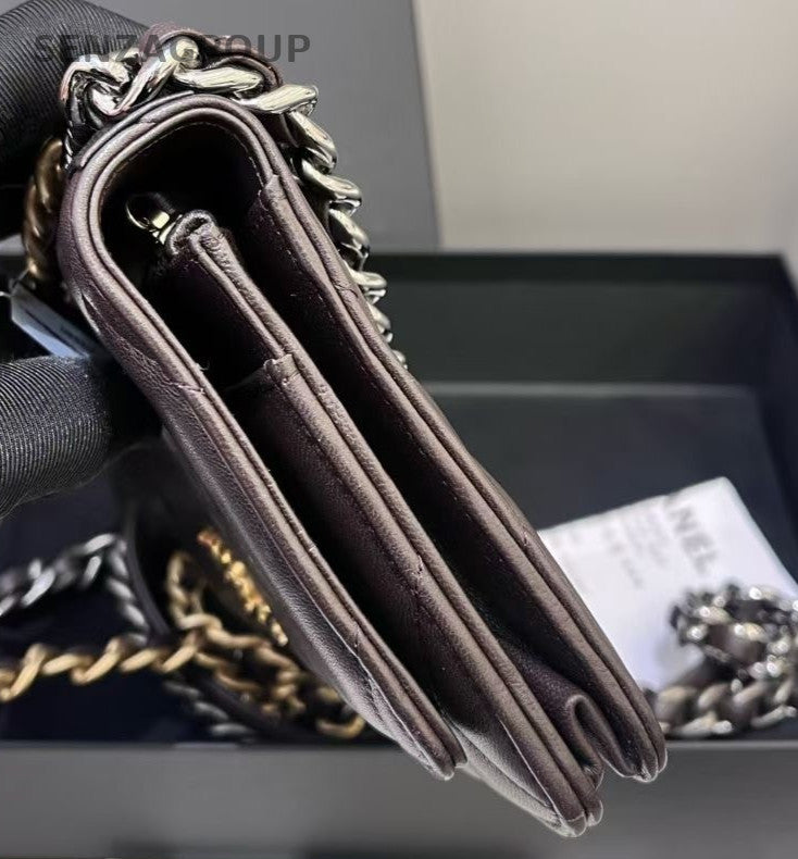 Chanel 19 WOC Chain Diamond Handbag Crossbody Chocolate Brown Gold Women Classic