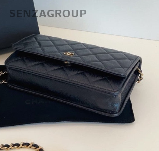 Chanel WOC Chain 2Way Shoulder Bag Crossbody Black Gold Diamond Women Classic