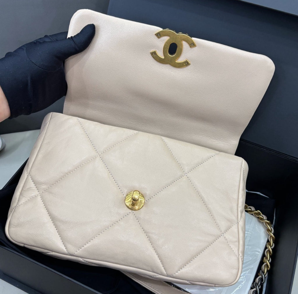 Chanel 19Bag PM Chain Shoulder Bag Crossbody Beige Gold Women Classic Fashion
