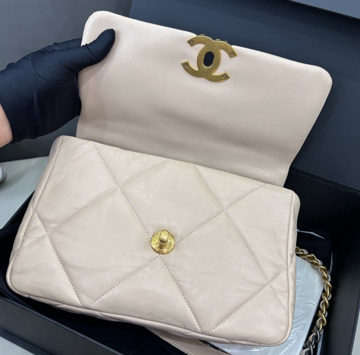 Chanel 19Bag PM Chain Shoulder Bag Crossbody Beige Gold Women Classic Fashion