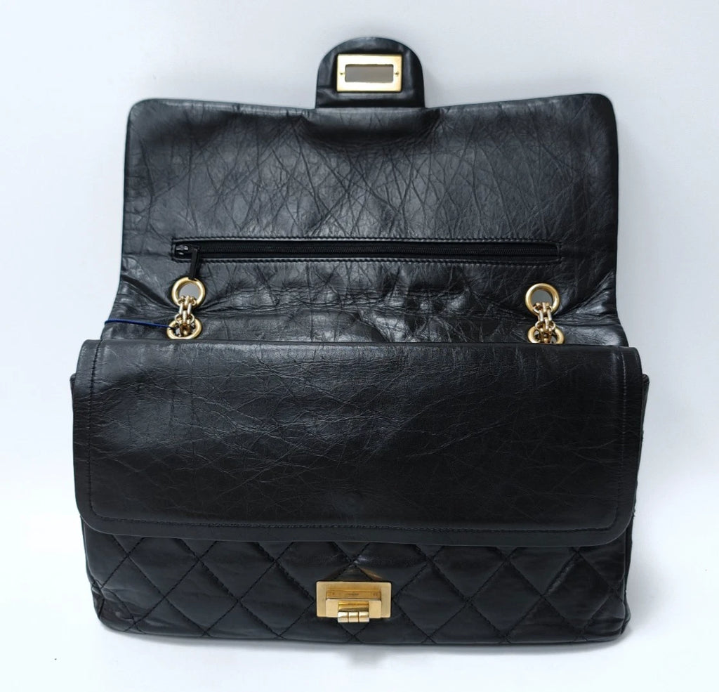 Chanel 2.55 GM Calfskin Chain Shoulder Bag Crossbody Deep Blue Gold Women