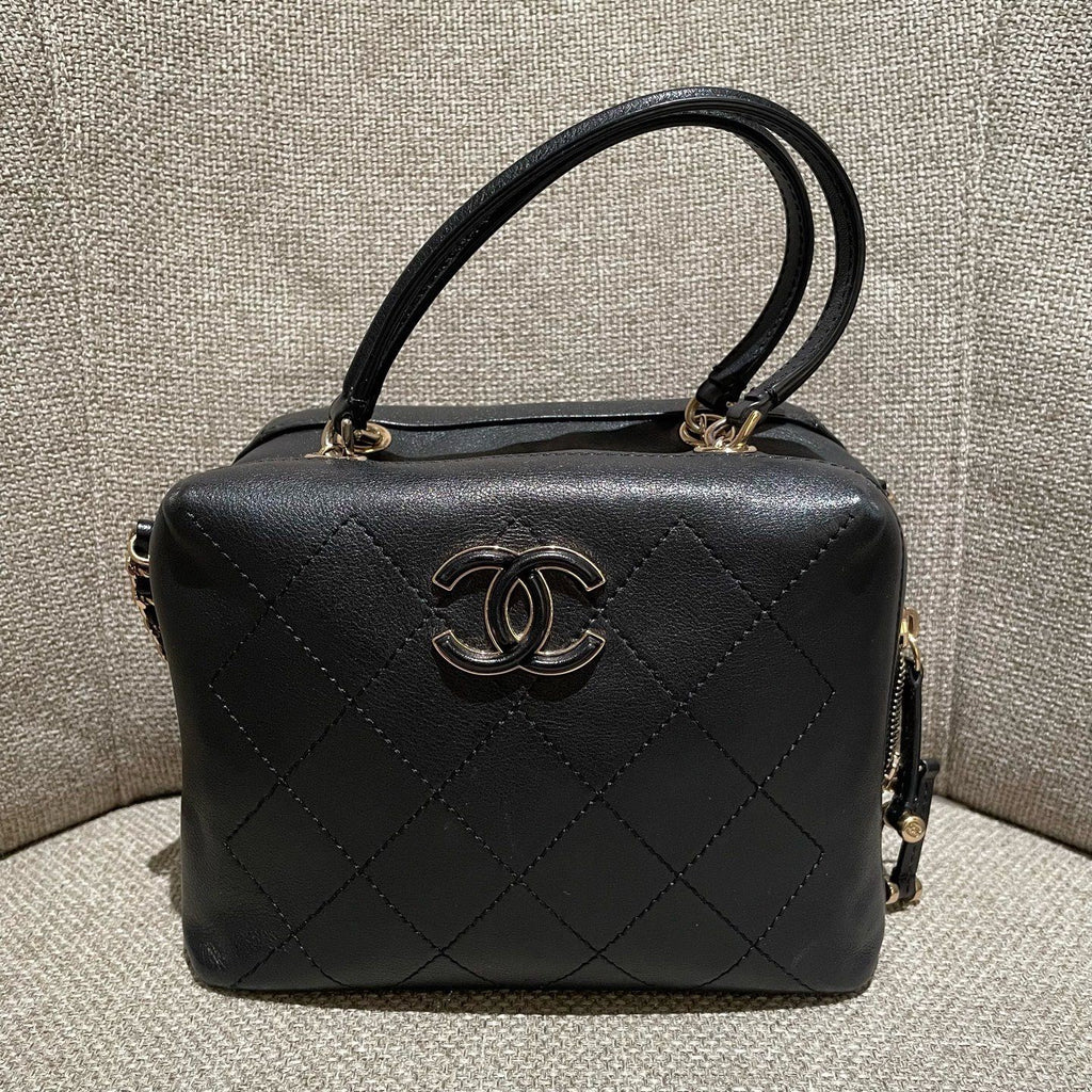 Chanel Calfskin Diamond Box Top Handle Shoulder Bag Black Gold Women Classic