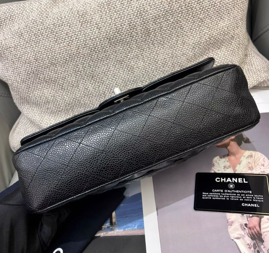 Chanel Classic Flap MM Calfskin Chain Shoulder Bag Crossbody Black Silver Women