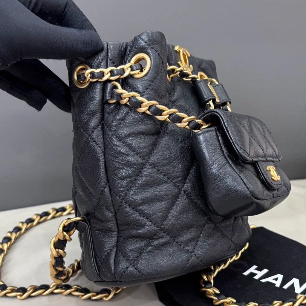 Chanel Diamond Calfskin Chain Backpack Black Gold Women Classic
