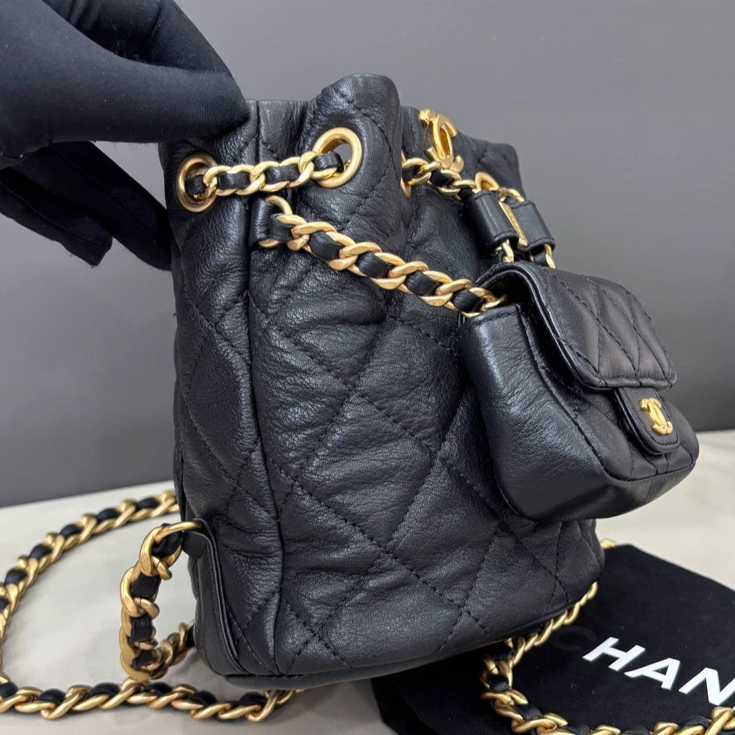 Chanel Diamond Calfskin Chain Backpack Black Gold Women Classic