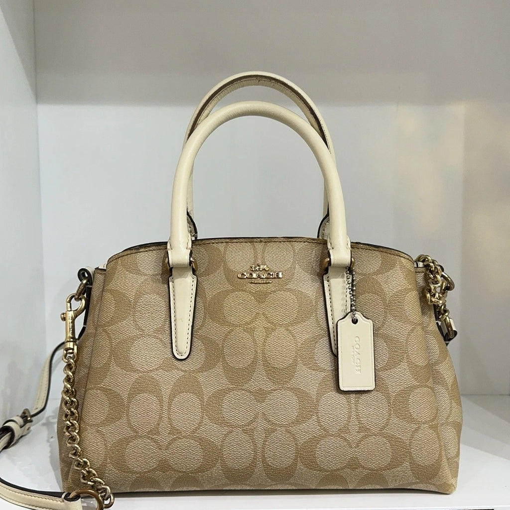 Coach Beige Monogram Canvas Tote Shoulder Handbag Crossbody Bag Women