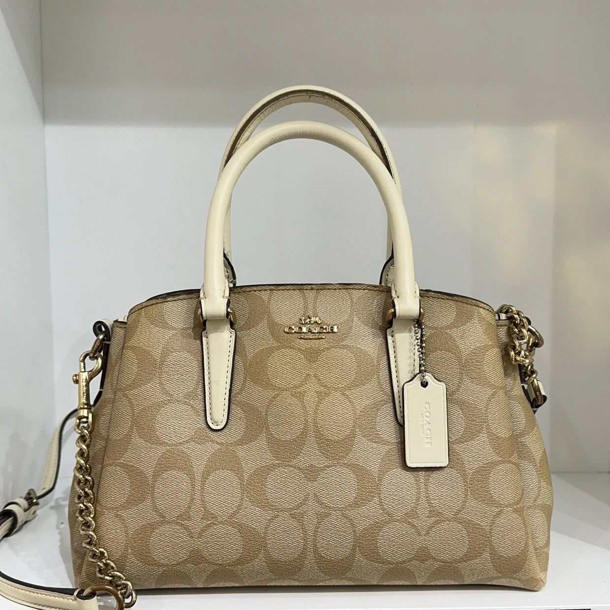 Coach Beige Monogram Canvas Tote Shoulder Handbag Crossbody Bag Women