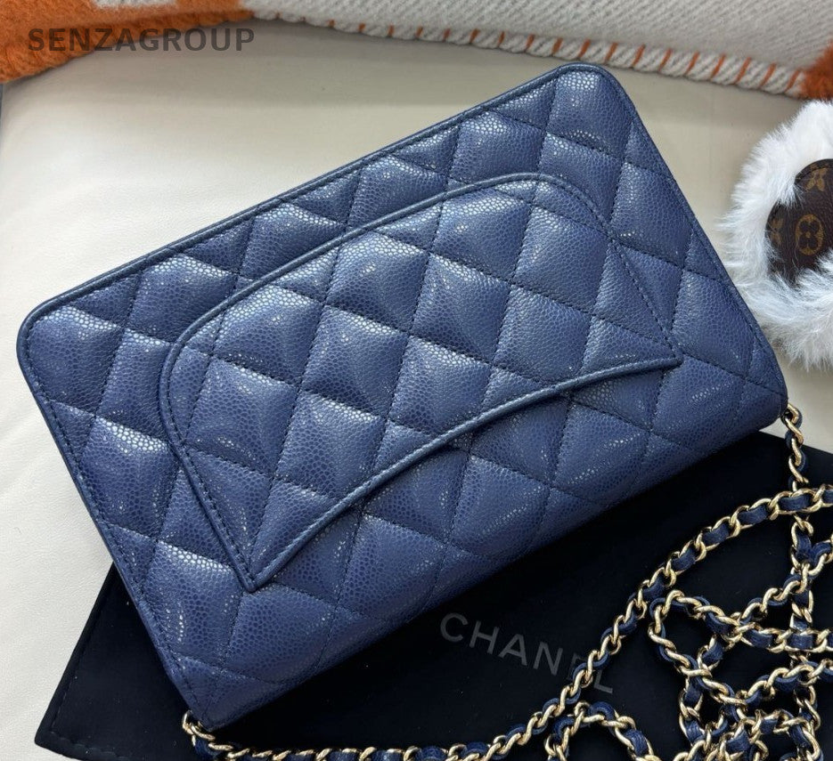 Chanel WOC Calfskin Chain Shoulder Bag Crossbody Blue Gold Women Classic Fashion