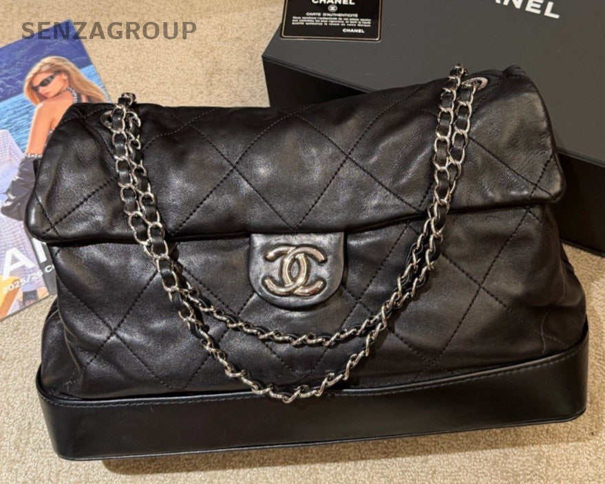 Chanel Gabrielle Diamond Chain Lambskin Shoulder Bag Black Silver Women Classic