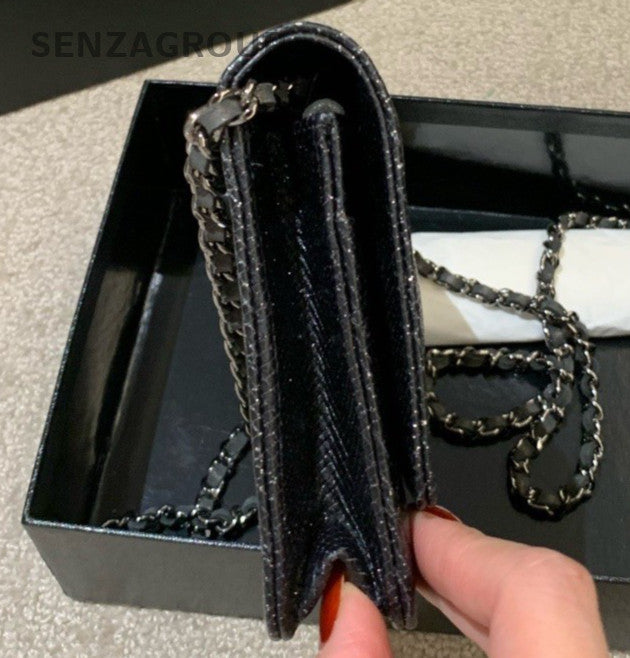 Chanel Diamond WOC Chain Calfskin Crossbody Black Silver Women Classic Fashion