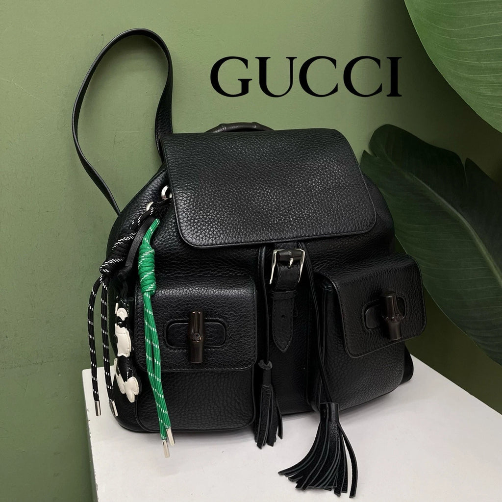 Gucci Tassel Bamboo Black Backpack Silver Hardware Women Fashion