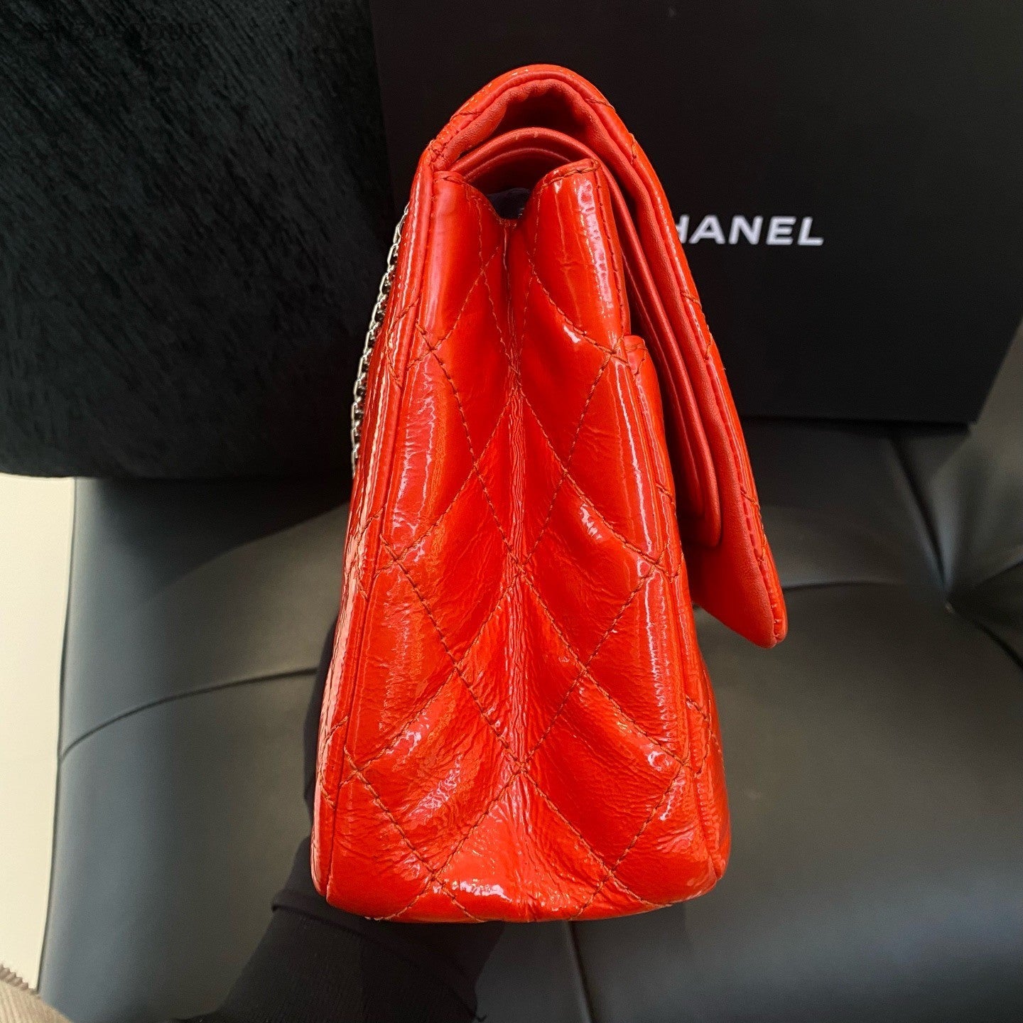 Chanel Diamond GM Calfskin Chain Shoulder Bag Crossbody Red Silver Women Classic