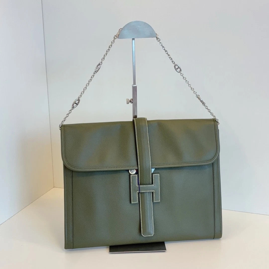 Hermes Jige Clutch Epsom Green H-Style Flap Closure Unisex Fashion