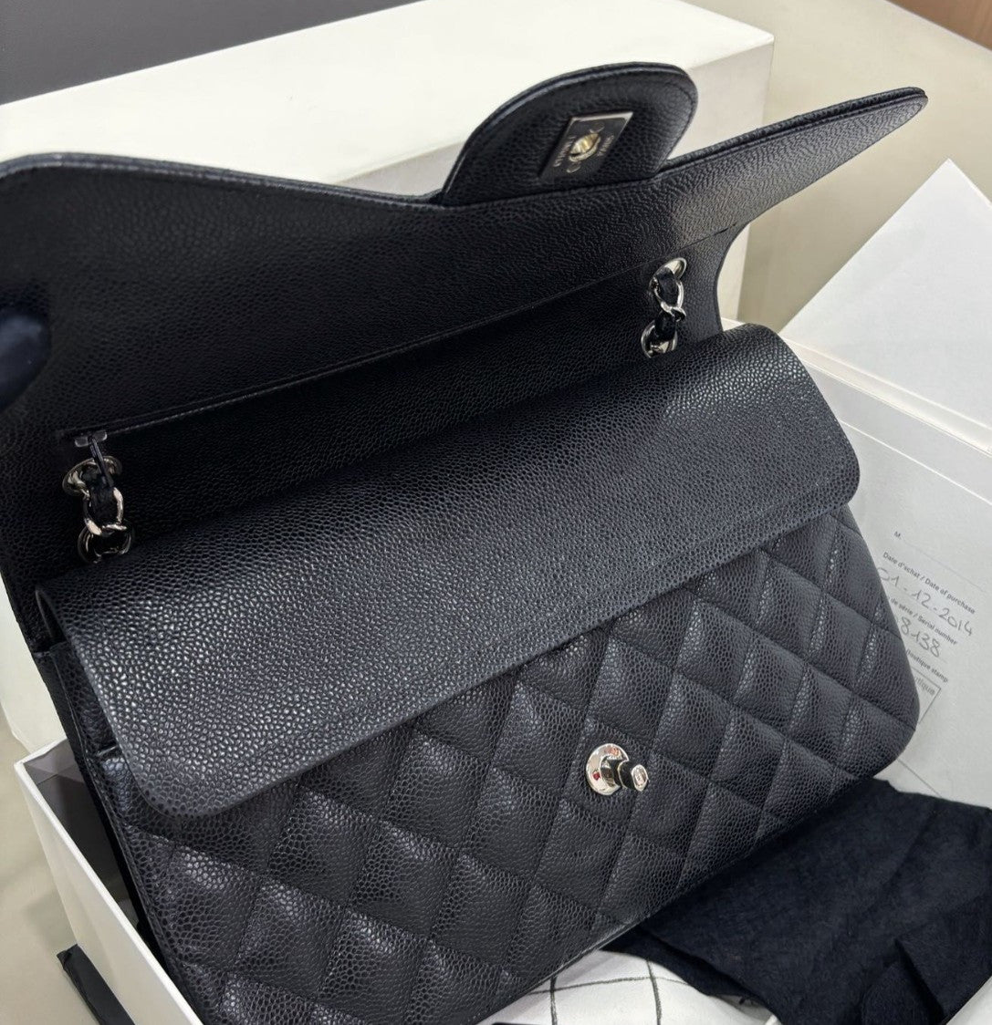 Chanel Classic Flap Jumbo Calfskin Chain Shoulder Bag Black Silver Women Fashion