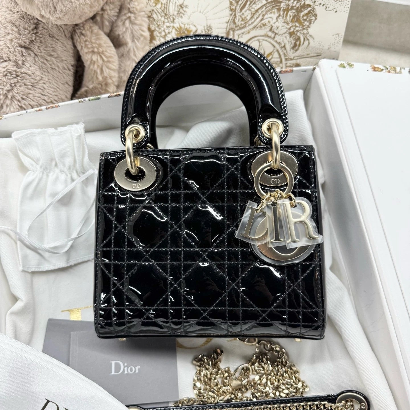 Dior Lady Dior Leather Black Gold Top Handle Excellent