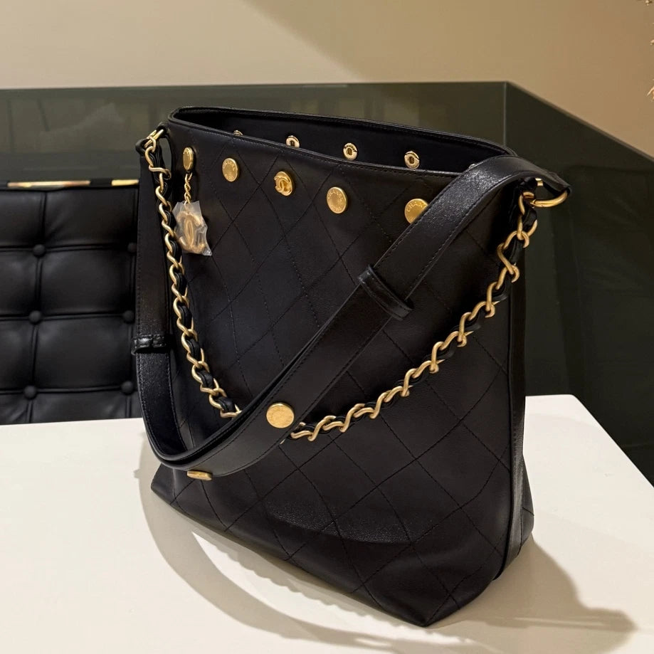 Chanel Coin Bucket Quilted Chain Shoulder Crossbody Bag Black Gold