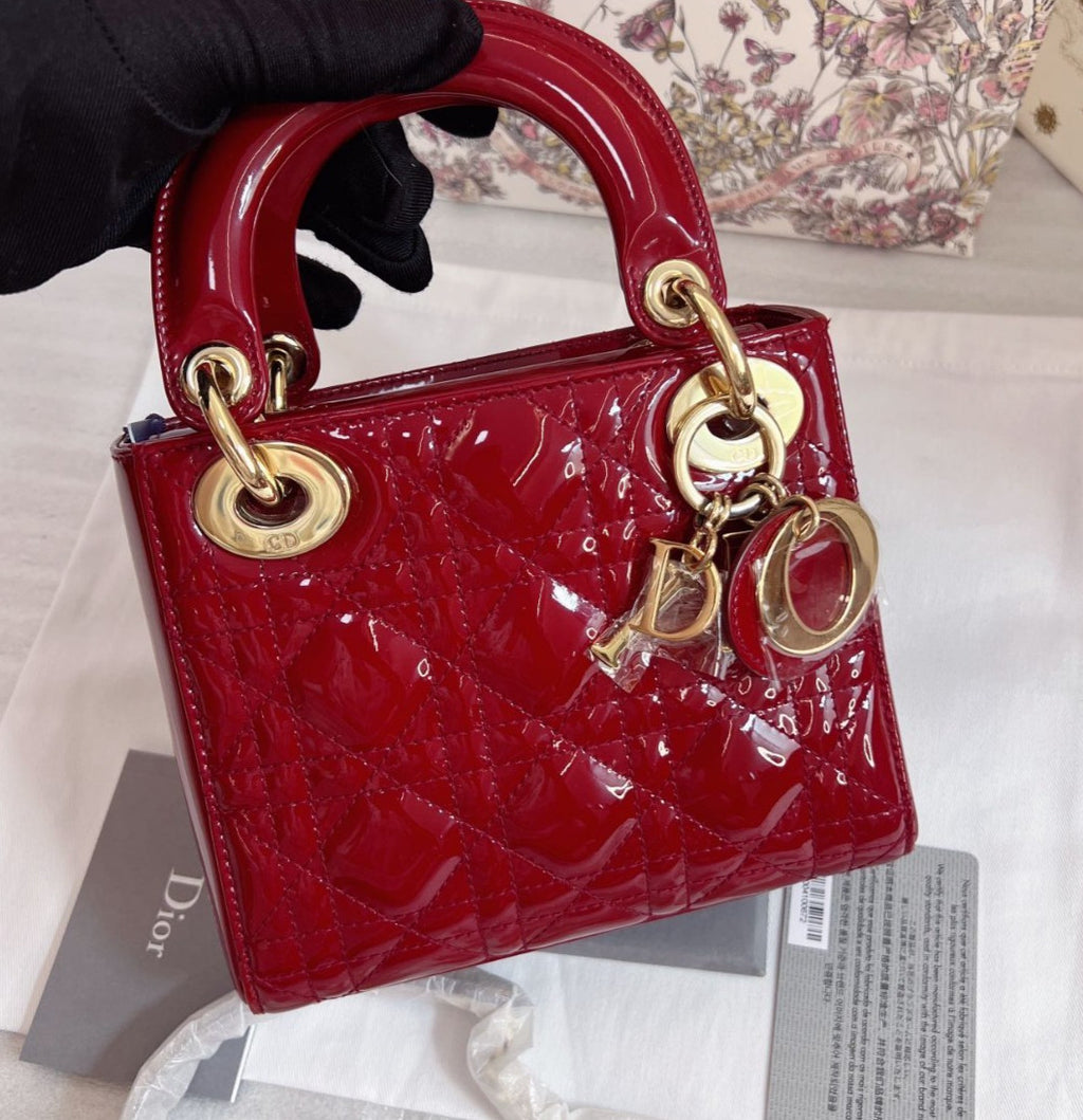 Christian Dior Lady Top Handle Chain Shoulder Handbag Red Gold Almost Brand NEW