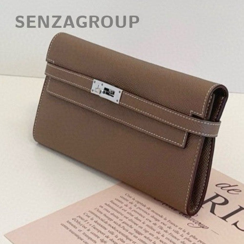 Hermes Kelly Long Wallet Epsom Leather Clutch Bag Gray Women