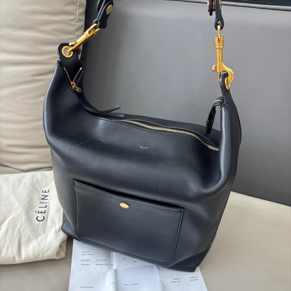 Authentic Celine Zipped Hobo Black Calfskin Shoulder Bag with Gold Hardware