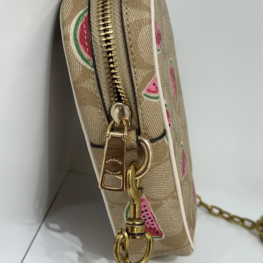 Coach Beige Canvas Monogram Watermelon Print Crossbody Camera Bag Women